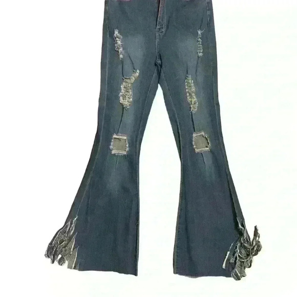 Ladies Ripped Flare Jeans Raw Hem Size L High Waist - Picture 2 of 6